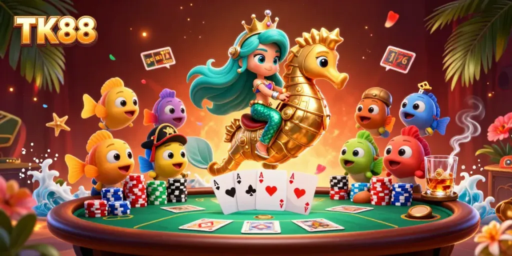 Engage with the thrilling TK88 gaming scene featuring a mermaid, seahorse, and poker elements.