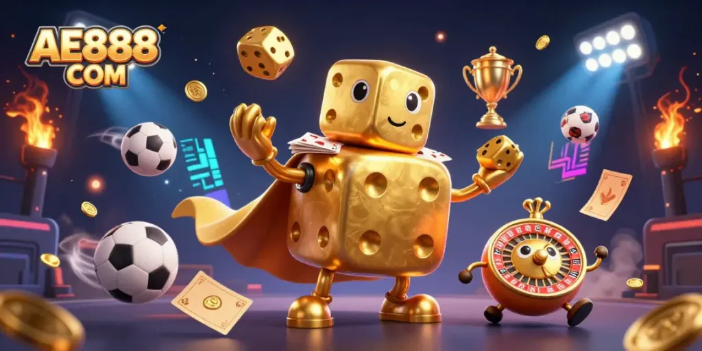 Experience winning strategies at AE888 COM with an exciting 3D casino illustration featuring dynamic gaming elements.
