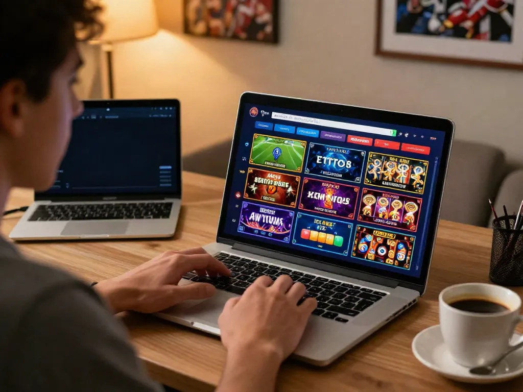 Interactive online gambling scene featuring a player betting on tx88 with gaming options and warm home office ambiance.