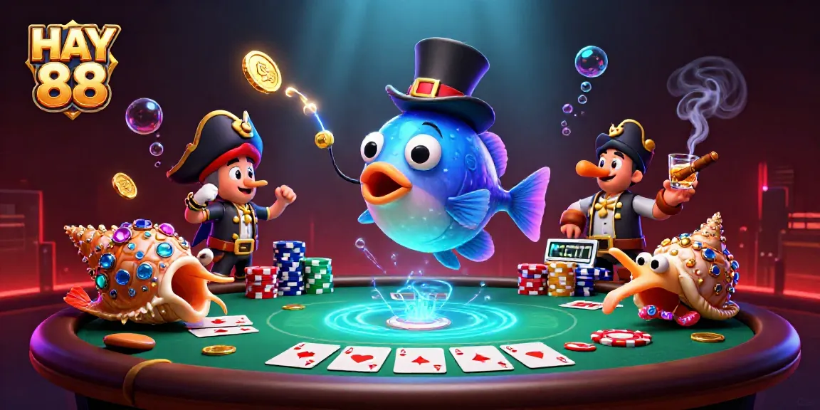 Experience HAY 88 with deep-sea characters in a vibrant poker scene, showcasing engaging gambling elements.