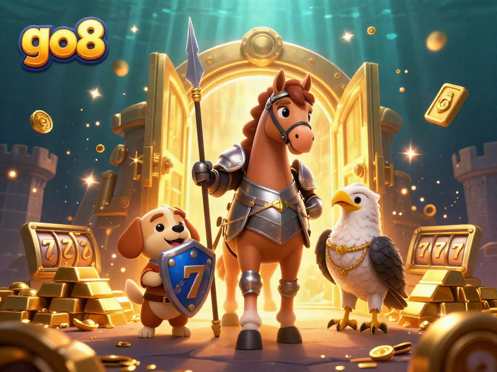 Engage with go8's dynamic casino adventure featuring a medieval knight, horse, and treasures.