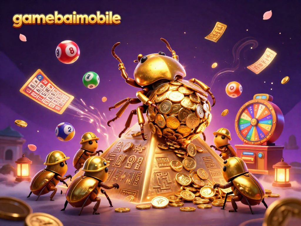 Experience gamebaimobile excitement with vibrant golden beetles, colorful lottery balls, and casino symbols in 3D!