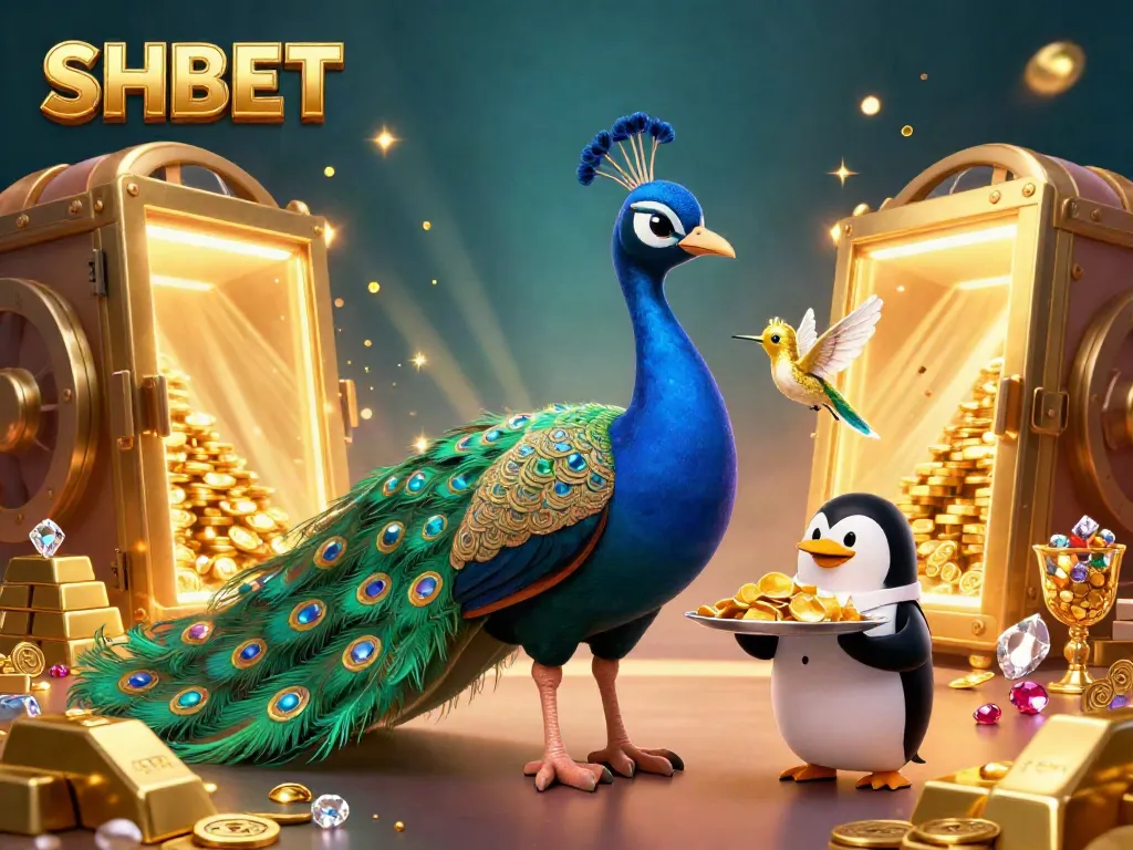 Engage with SHBET's vibrant casino scene featuring an aristocratic peacock, golden chips, and a dazzling background.