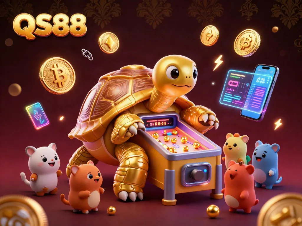Experience the excitement of QS88 with a colorful 3D casino scene featuring a playful tortoise and crypto-themed elements.