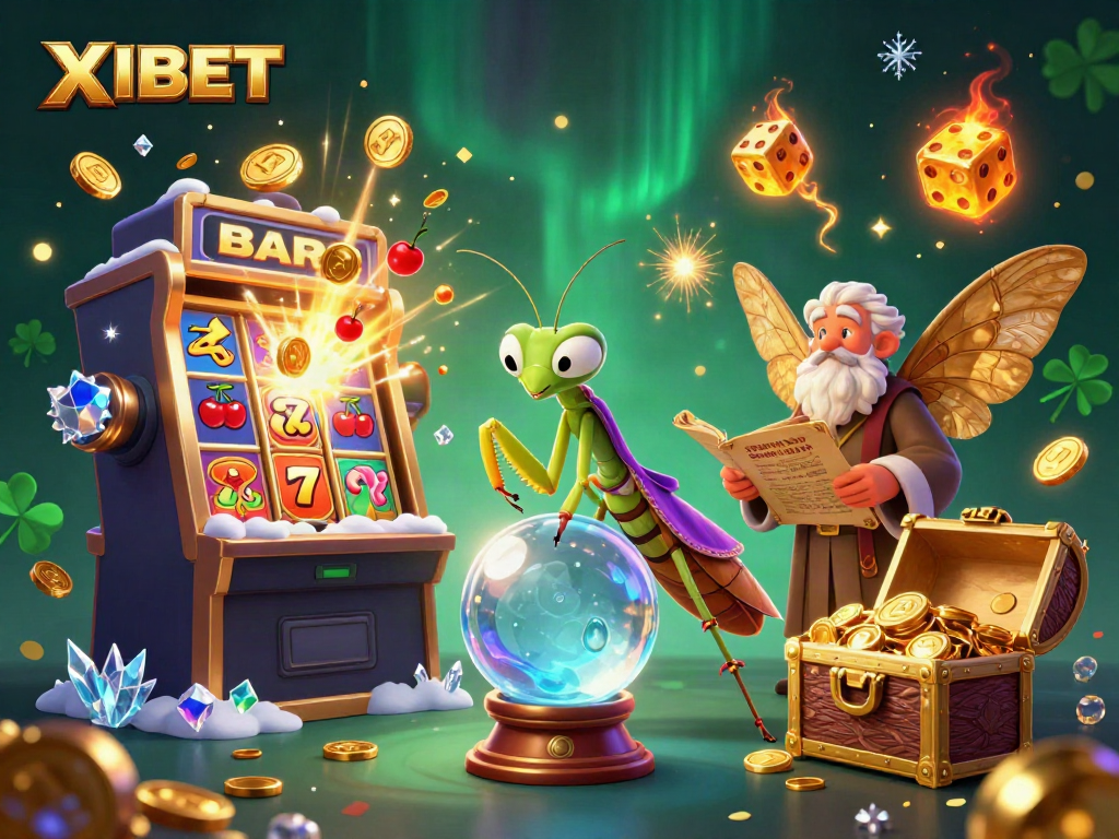 Experience the thrill of gaming at XIBET with colorful slot machines, a mystical fortune teller, and illuminated firefly oracles.