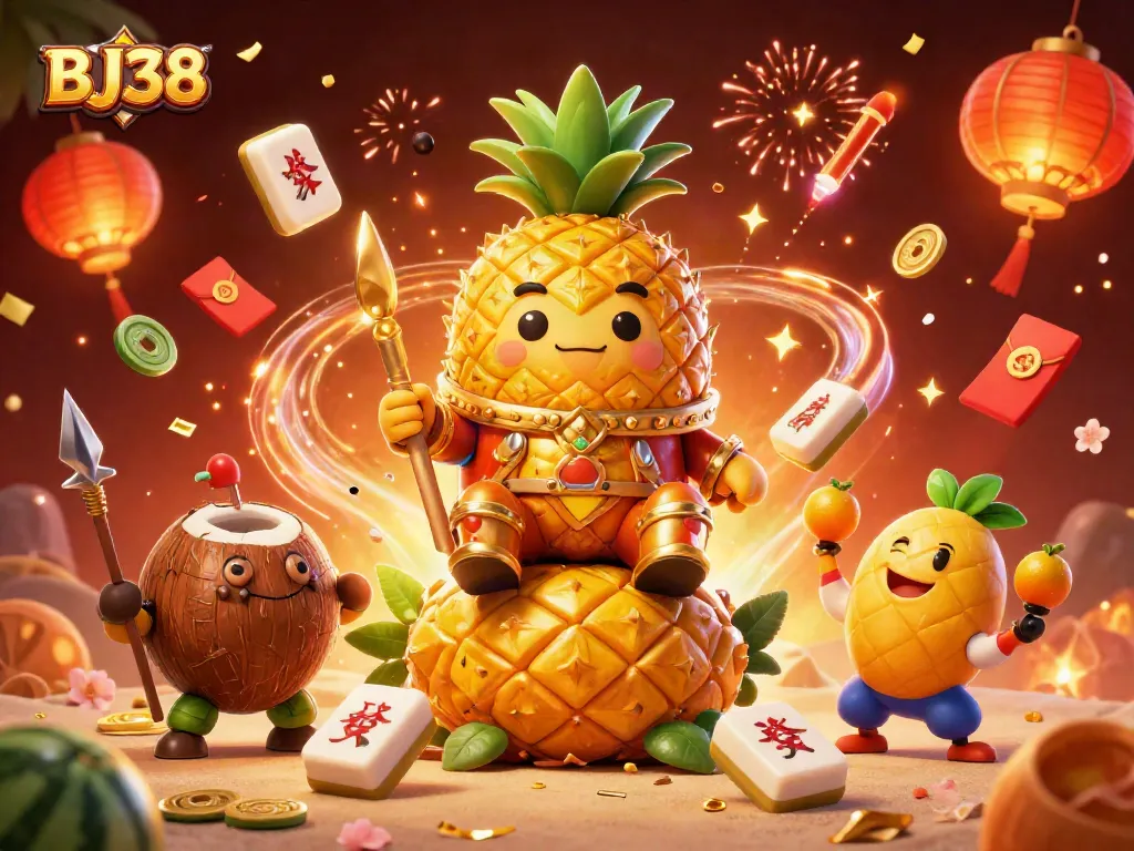 BJ38 features a golden pineapple king in a vibrant beach casino scene, showcasing playful gambling elements.