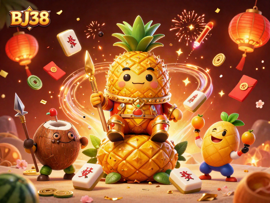 BJ38 features a golden pineapple king in a vibrant beach casino scene, showcasing playful gambling elements.