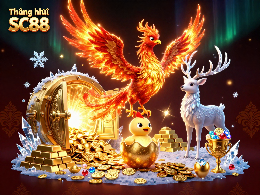 Engaging illustration of Thương hiệu SC88 featuring a fire phoenix, hatching chick, and mystical stag amidst treasures.
