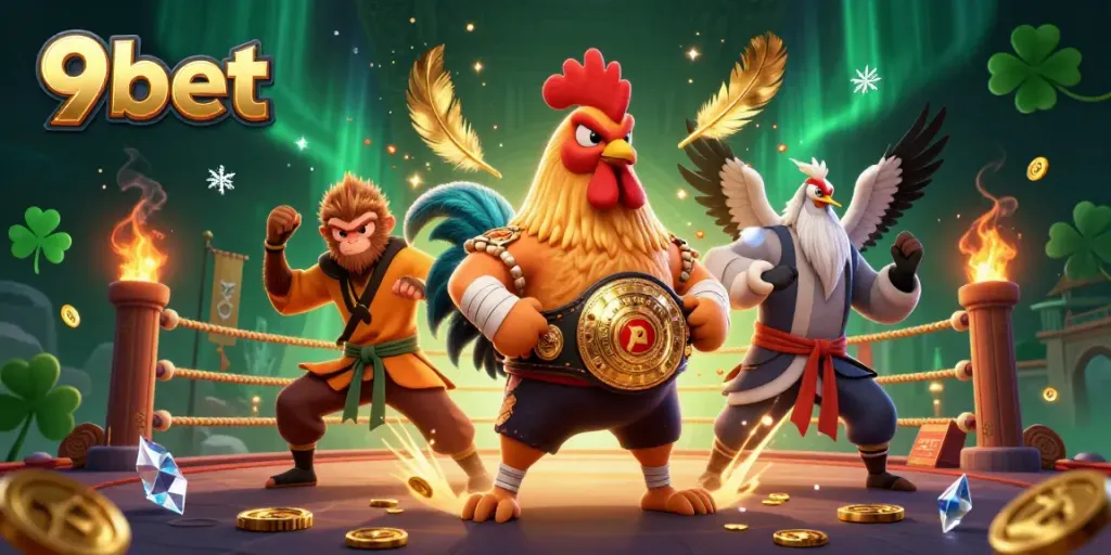 Feel the thrill of 9bet as unique characters celebrate in an energetic casino scene.