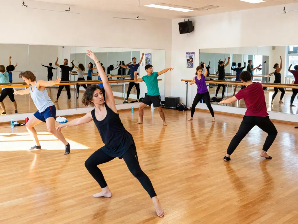 Dancers at kineticsynergydancecompany.com rehearsing choreography in a sunny studio.