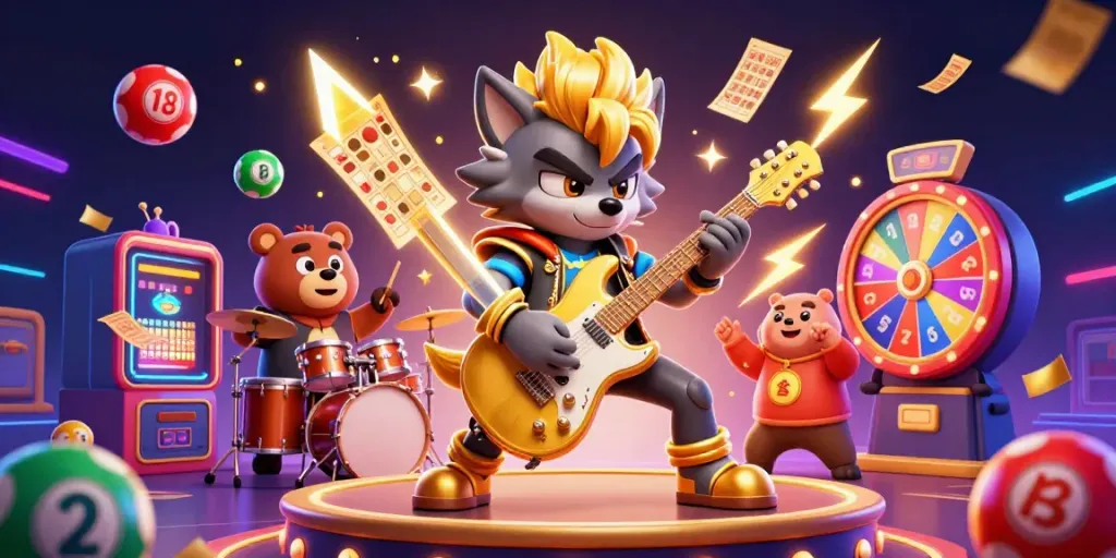 Experience the exciting world of Trang Chủ AE888 with a 3D cartoon scene filled with vibrant casino elements and characters.