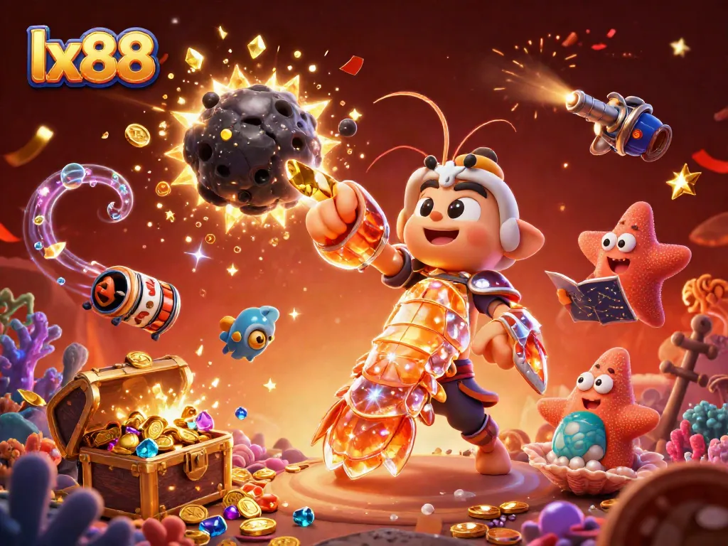 Engage with lx88 excitement as a galactic samurai mantis shrimp breaks through an explosive treasure-filled asteroid.