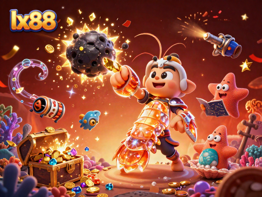 Engage with lx88 excitement as a galactic samurai mantis shrimp breaks through an explosive treasure-filled asteroid.