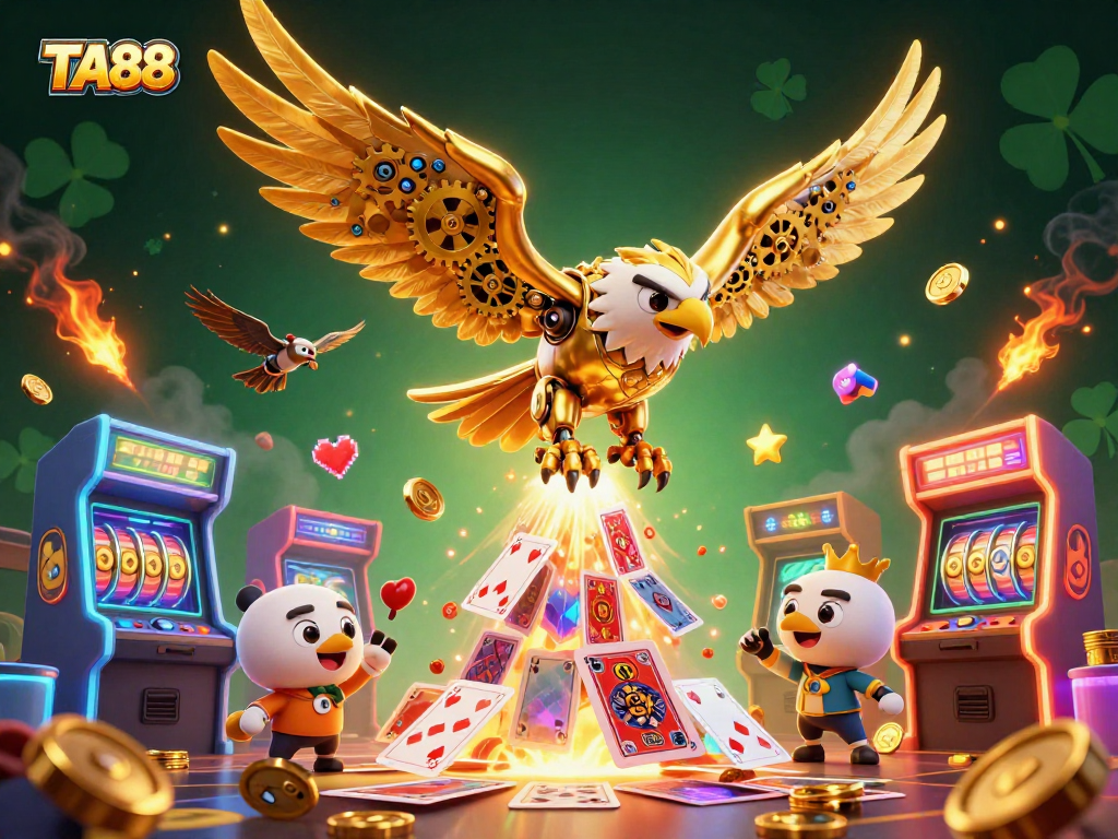 Engage with TA88's vibrant casino world through an action-packed illustration featuring a golden eagle amid gaming elements.