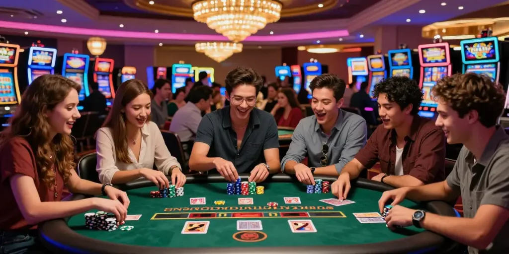 Exciting Vegas88 casino gaming scene with friends at a blackjack table.