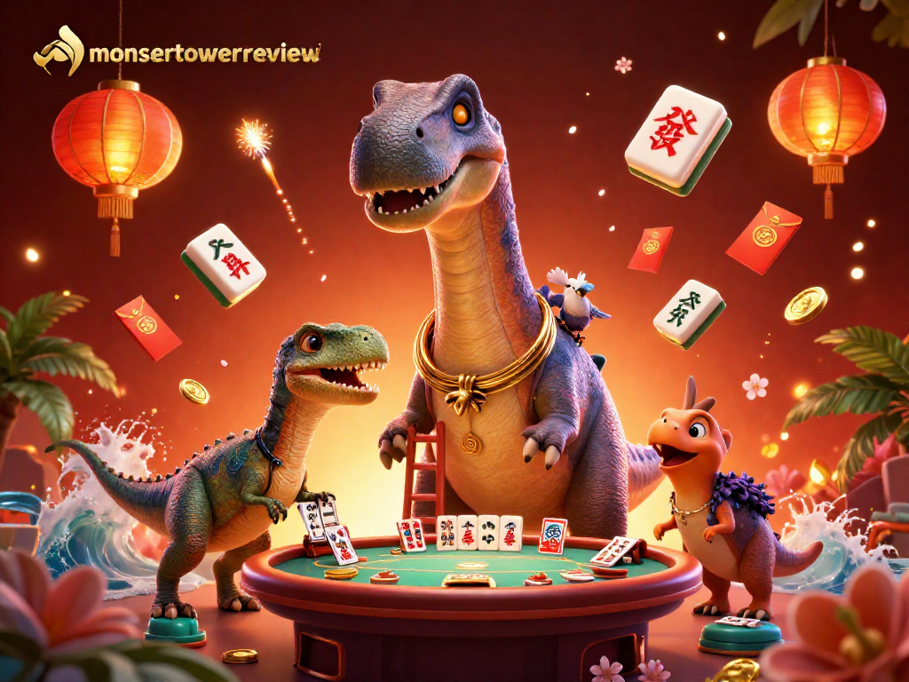 Experience the thrills of monstertowerreview with a colorful 3D casino-themed illustration featuring dinosaurs dealing cards.