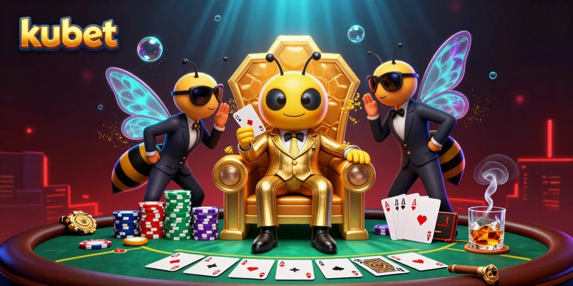 Kubet's exciting illustration showcases a bumblebee mob boss seated at a vibrant poker table with towering chips and cards