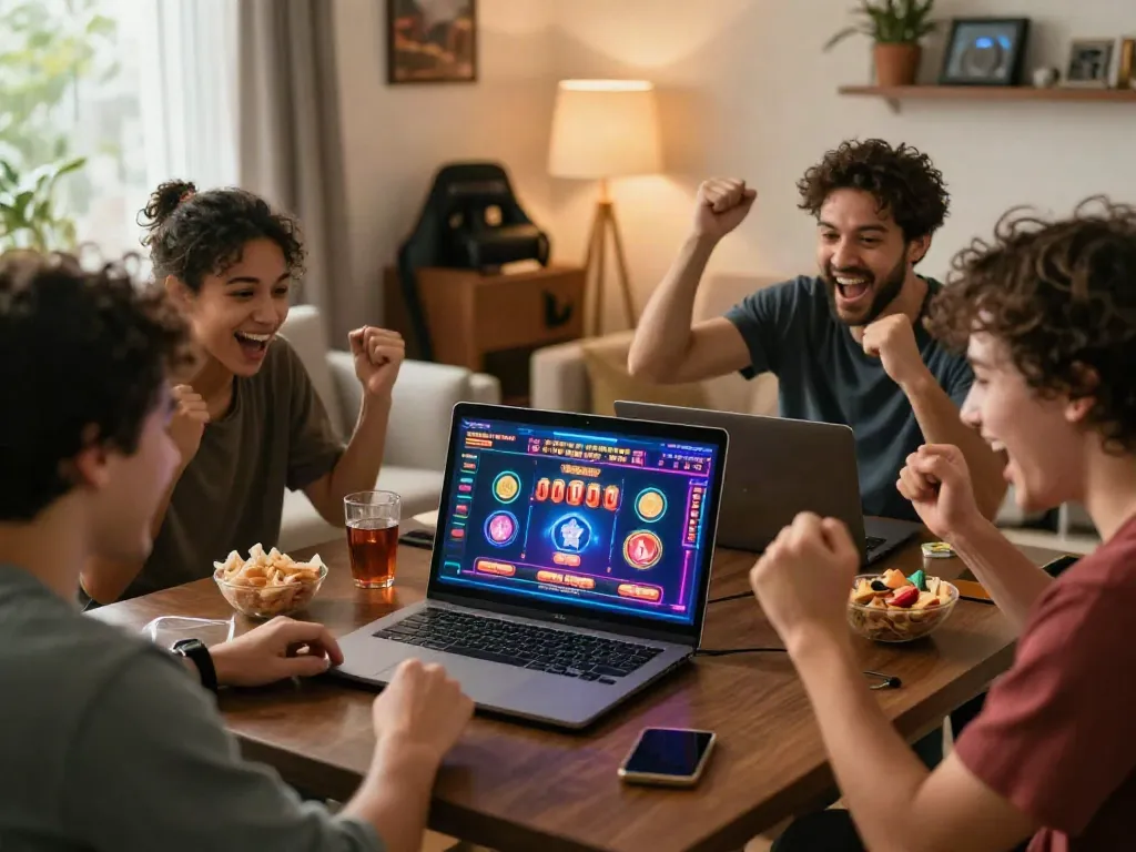 Friends playing on independent casinos not on GamStop in a cozy living room.