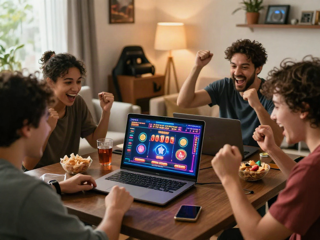 Friends playing on independent casinos not on GamStop in a cozy living room.