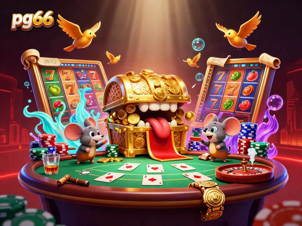 Experience thrilling game action at pg66 with vibrant slot reels and a treasure chest in a dynamic scene.
