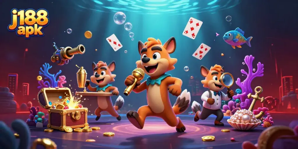 Experience j188 apk in a lively casino scene with hyenas, treasure chests, and vibrant details.