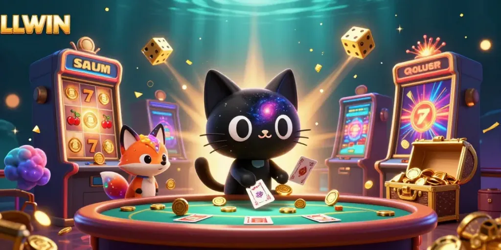 LLWIN's cosmic casino features a black hole cat charming golden chips and cards amidst a jackpot explosion.