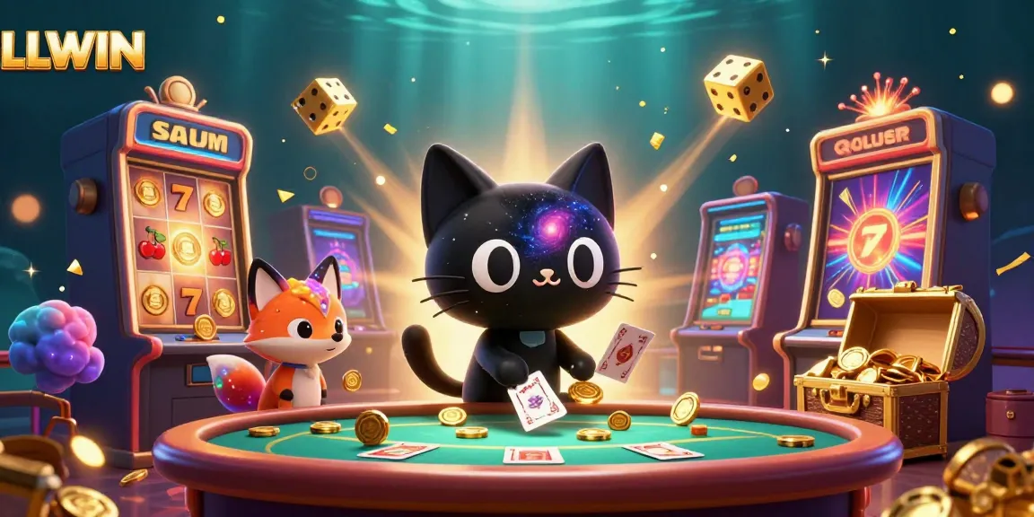 LLWIN's cosmic casino features a black hole cat charming golden chips and cards amidst a jackpot explosion.