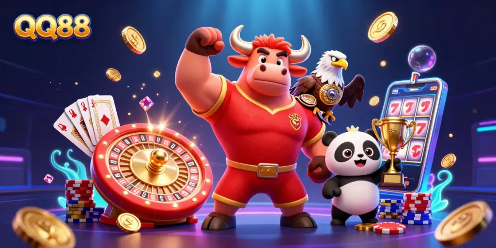 Engage with QQ88's thrilling casino experience featuring a mascot and vibrant game elements.