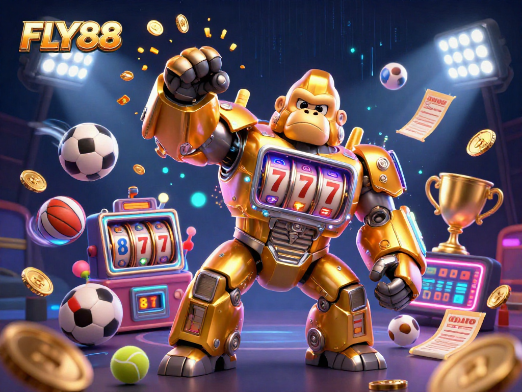 FLY88 offers a thrilling slot experience with a golden gorilla mech and dynamic sports elements.
