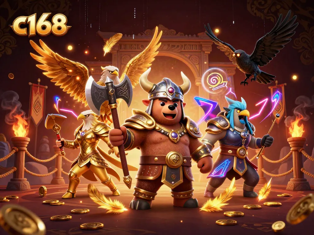 Experience thrilling gameplay at c168 with a Viking berserker and Valkyrie eagle in a dynamic casino scene.