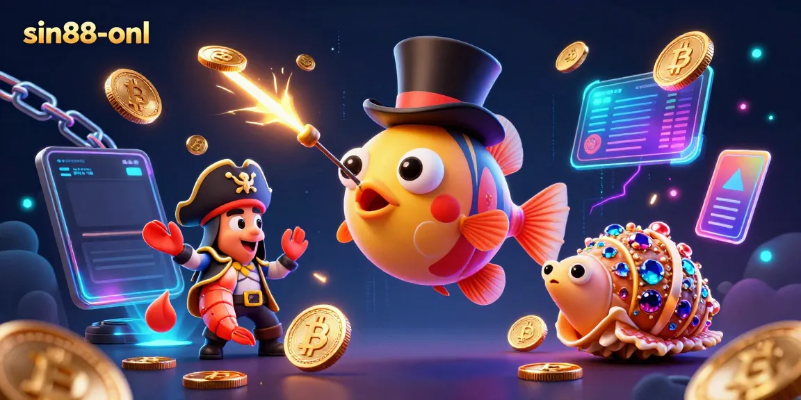 Engage in thrilling gameplay at sin88-onl with cartoon characters, glowing coins, and crypto themes.