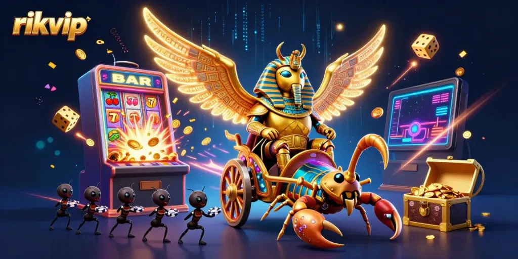 Experience thrilling jackpots at rikvip through a dynamic scene of a golden scarab and treasures.