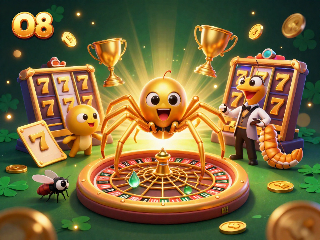O8’s slot game thrill illustrated with a golden spider and centipede croupier in an engaging casino scene.