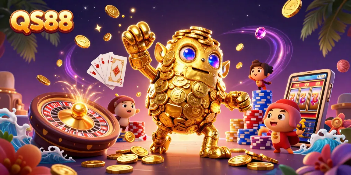 Experience excitement in QS88 with a golden golem, rolling roulette, and vibrant poker elements.