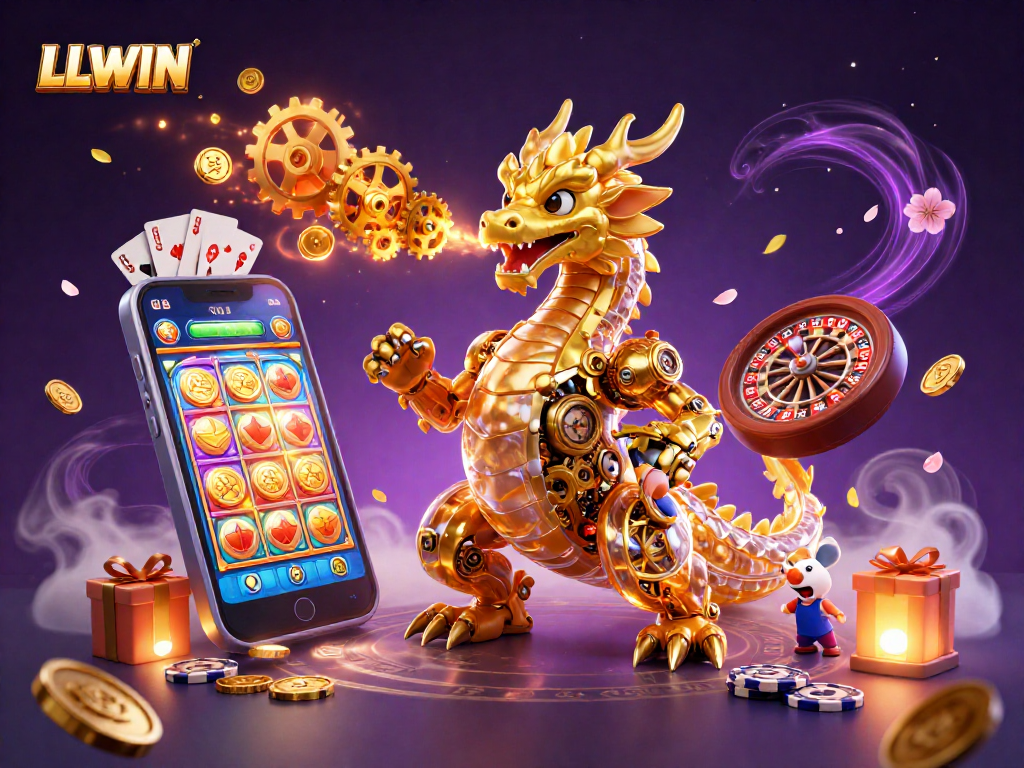 Engage in thrilling gameplay with LLWIN's vibrant casino elements and a magical biomechanical dragon.