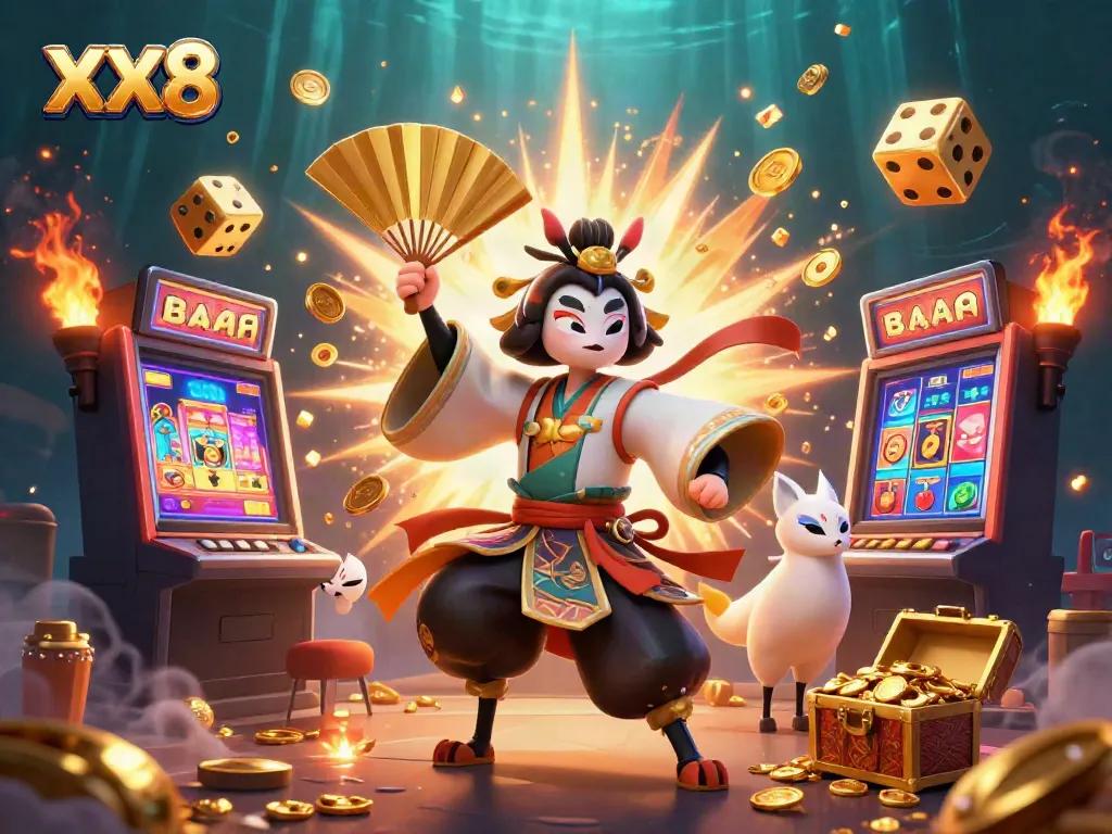 Experience the thrill of XX8 with an illustrated scene of a kabuki warrior and jackpot excitement!