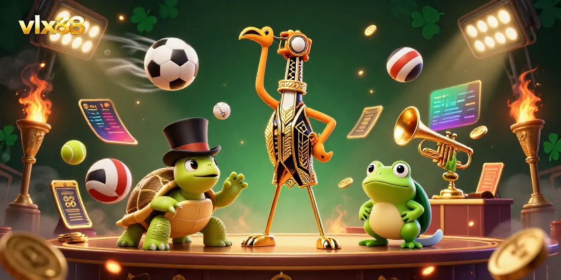 Experience vlxx88's vibrant casino atmosphere with dynamic sports elements, a flapper crane, and a turtle in a top hat.