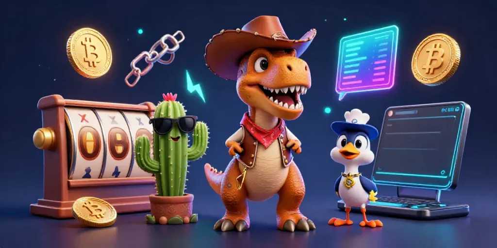 Engage with go88 through an illustrated casino scene featuring T-Rex and vibrant slot reels.