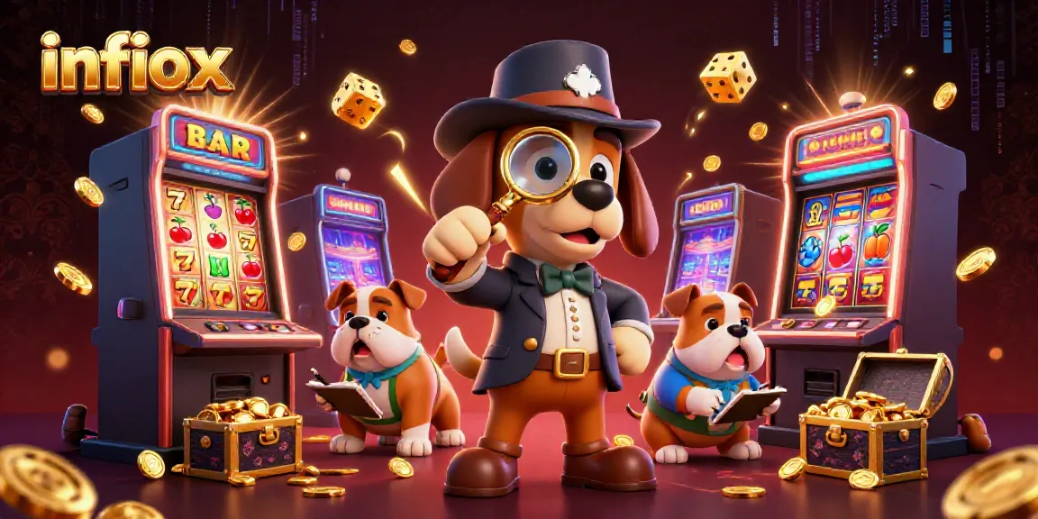 Infiox illustrations show a detective hawking clues with interactive gaming elements in a vibrant casino setting.