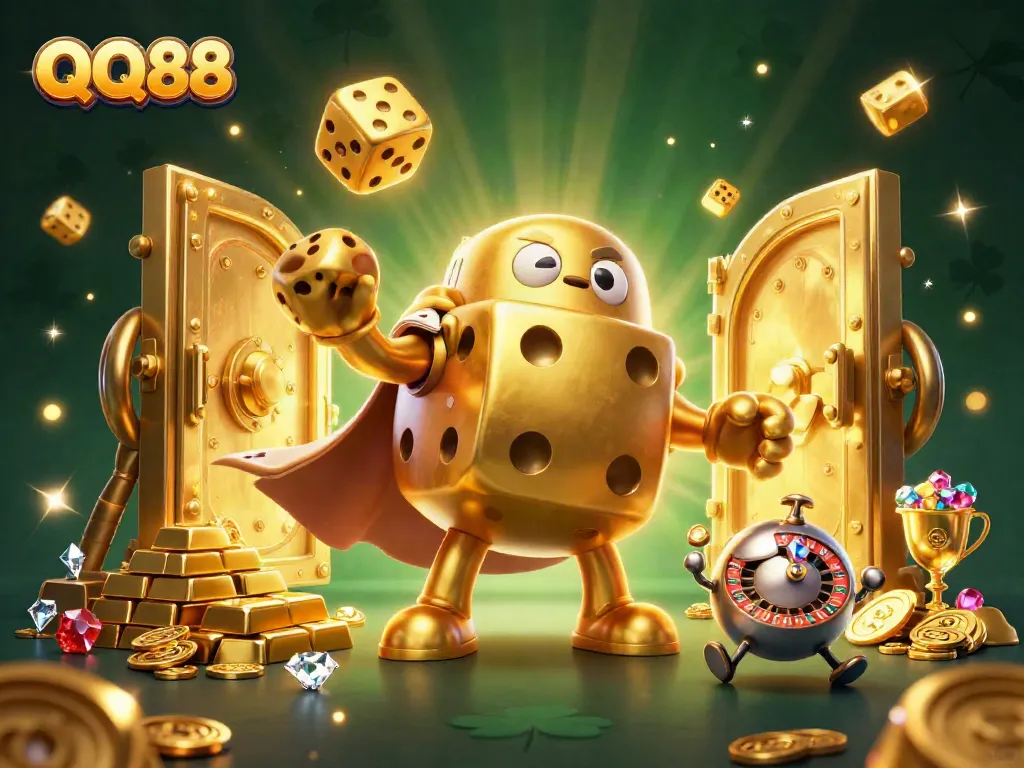 Experience excitement with QQ88 as the golden dice golem juggles casino treasures amidst dazzling lights.