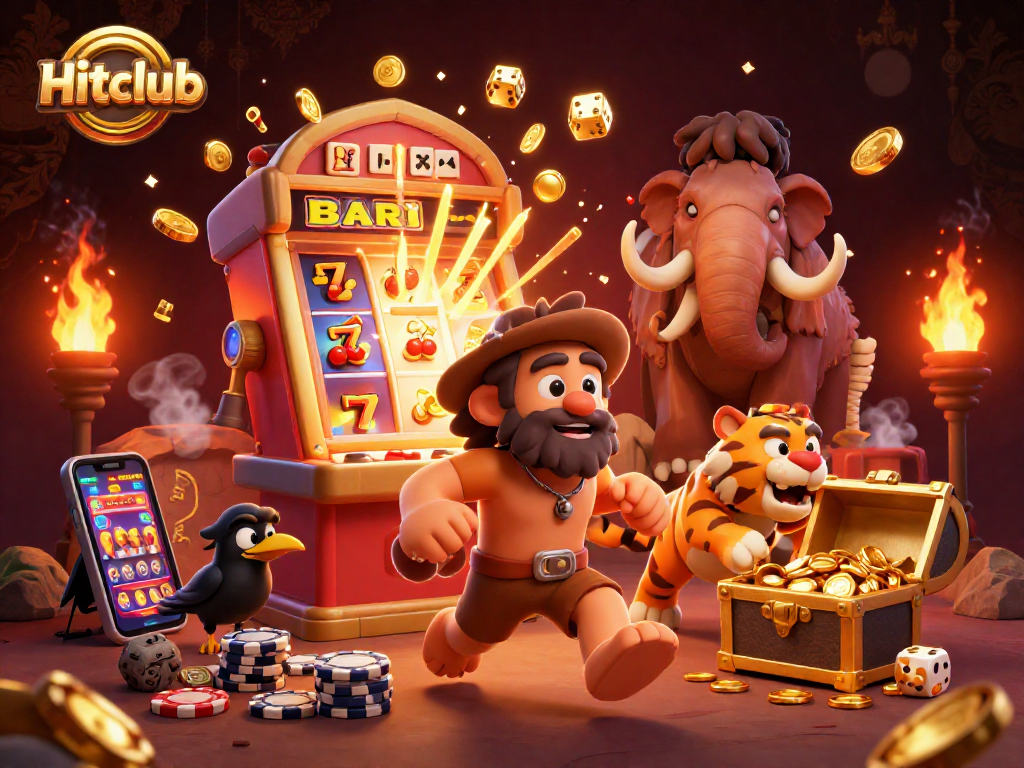 Hitclub casino action scene featuring caveman and sabertooth tiger with jackpot slot machine.