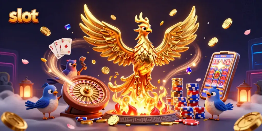 Engage in thrilling slot action with golden coins cascading from a phoenix in this vibrant casino illustration.