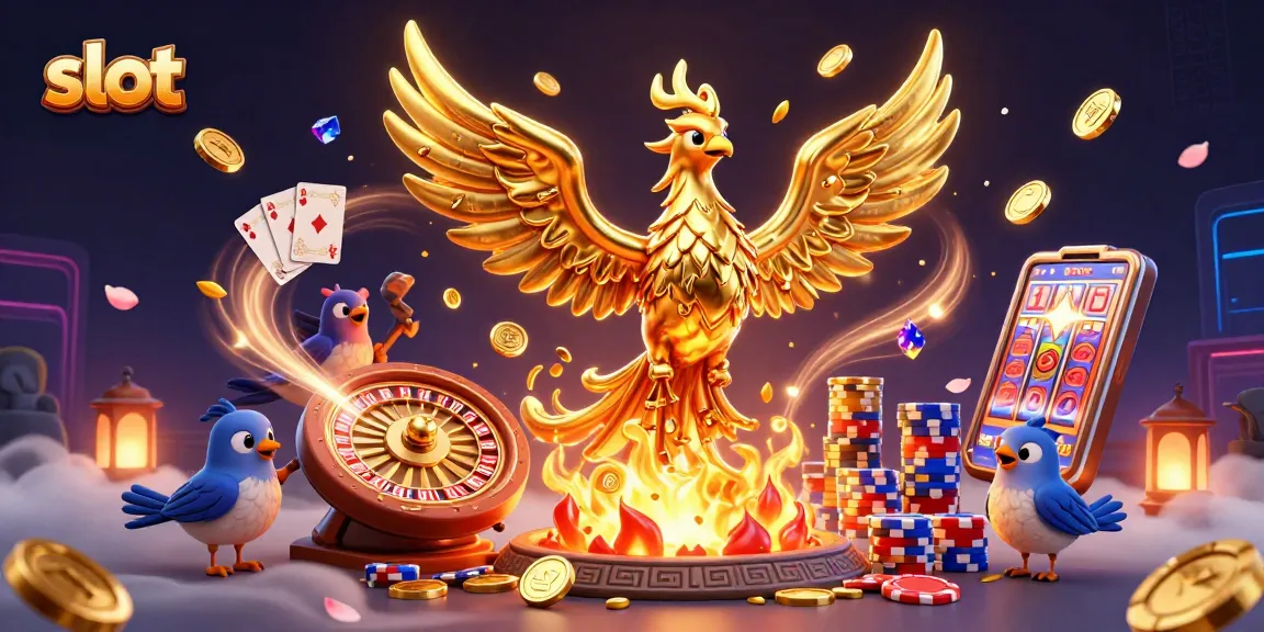 Engage in thrilling slot action with golden coins cascading from a phoenix in this vibrant casino illustration.