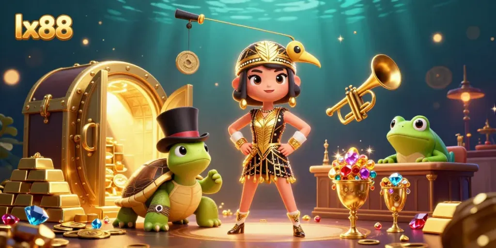 Experience thrilling gaming at lx88 with vibrant characters in a lively casino scene.
