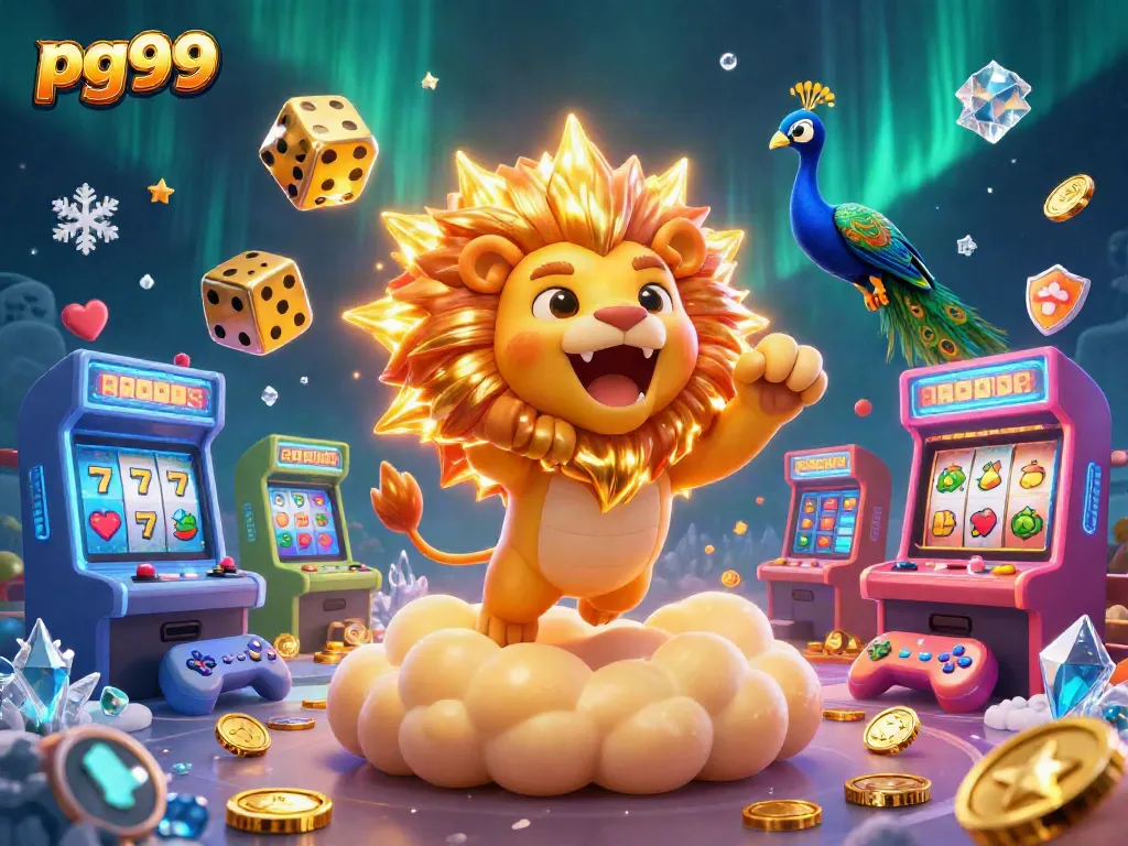 Engage with pg99's dynamic casino scene featuring a roaring sun lion, golden dice, and vibrant game elements.