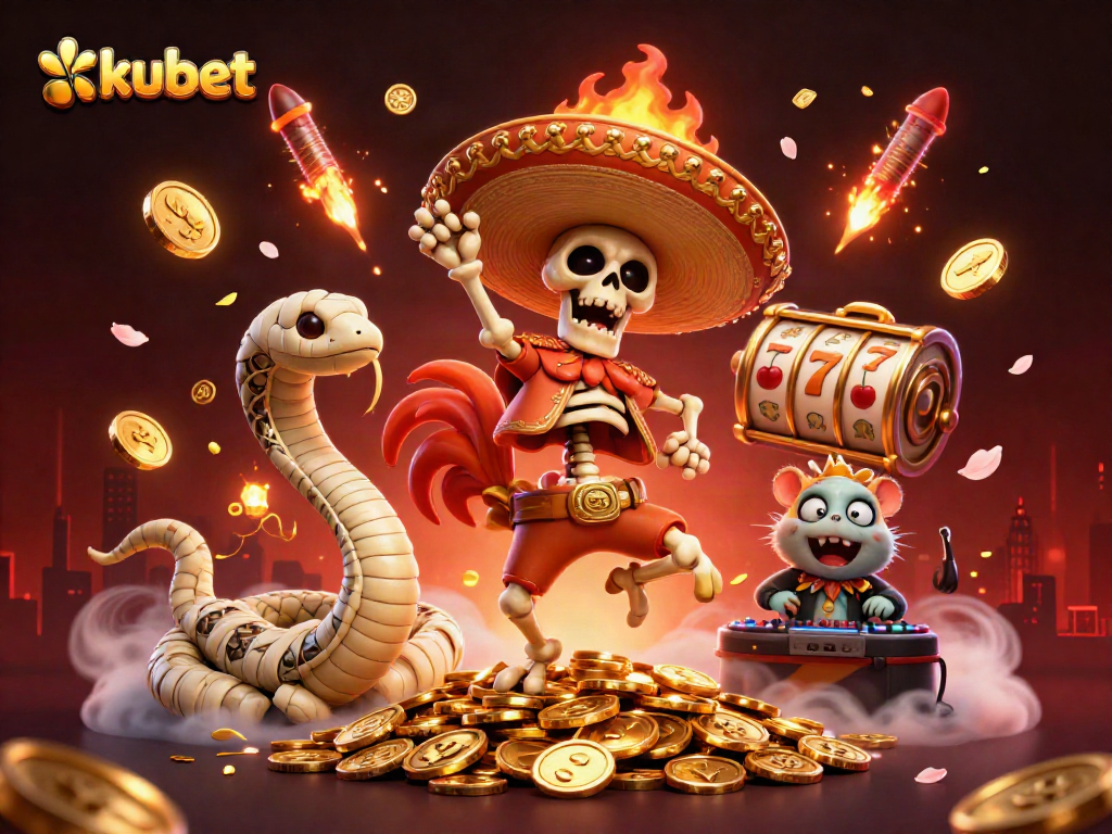 Engage with kubet's thrilling world featuring a victory-dancing mariachi rooster on golden coins amidst slot machine excitement.