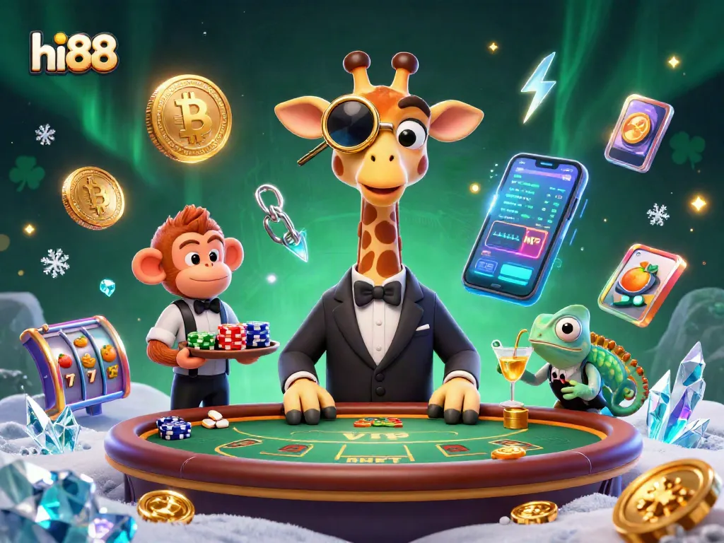 Experience high-stakes gambling with hi88 as a giraffe in a suit plays poker, surrounded by vibrant casino elements.