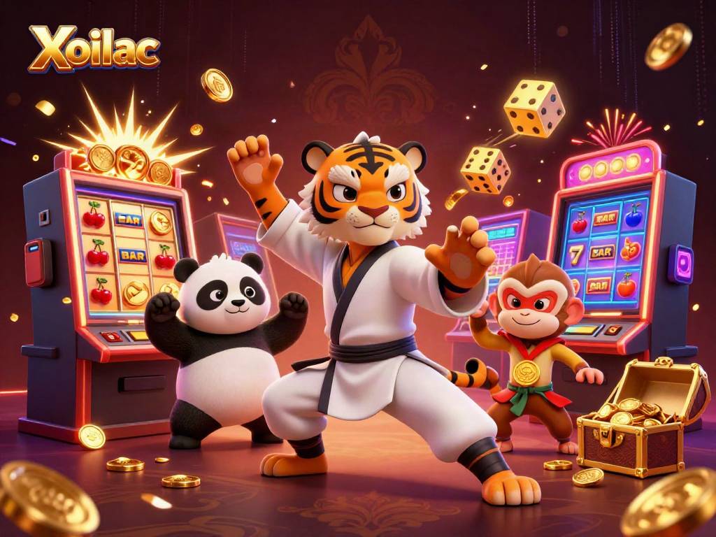 Xoilac casino scene showcasing a kung fu master, panda, and monkey amidst vibrant slot elements and gold coins.