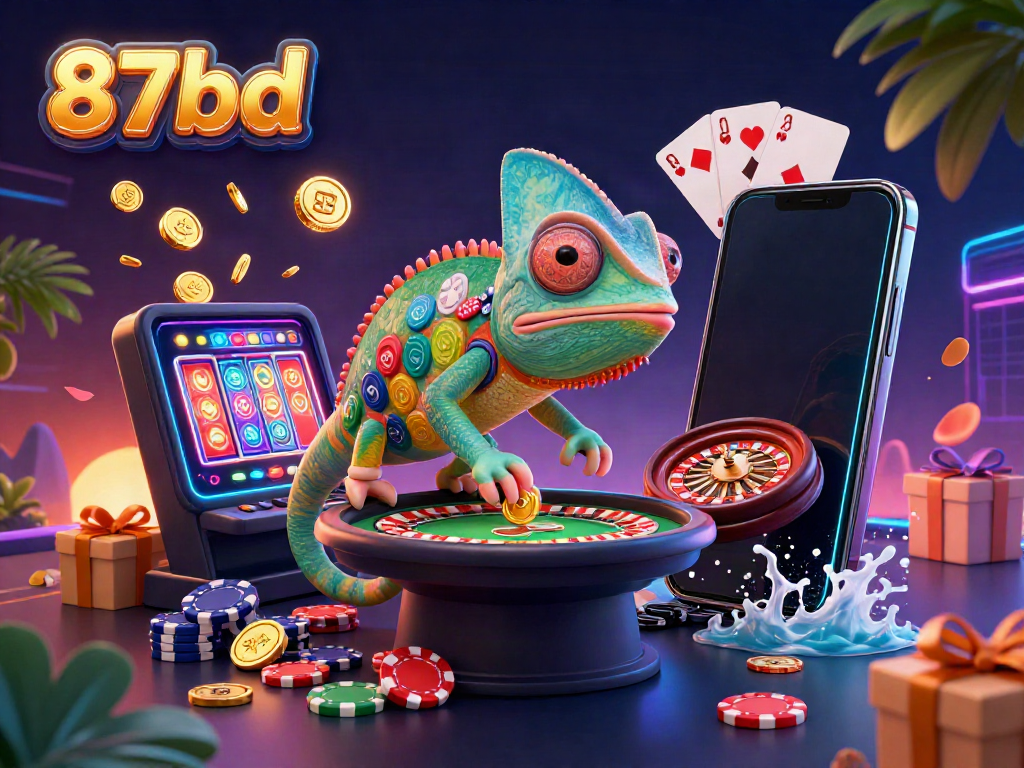 Engage with 87bd's vibrant casino world featuring a chameleon owner and dynamic game elements.