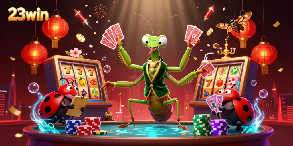 Witness an exciting gaming scene with 23win where expert gambling characters depict a lively online casino atmosphere.